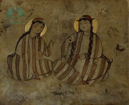 قیمت نقاشی روی چرم خشک ایرانی دوره ی تیموری دو بانوی نشسته