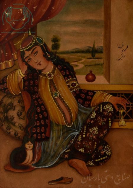 قیمت نقاشی ایرانی زن قاجار با گربه روی چرم