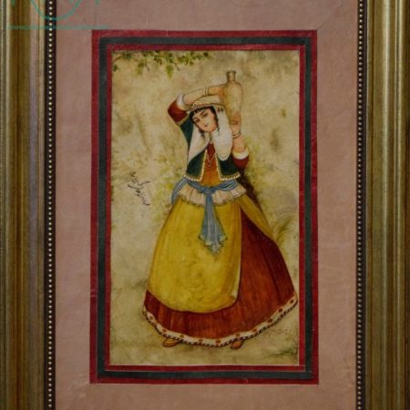 قیمت نقاشی ایرانی زن کوزه به دوش روی چرم