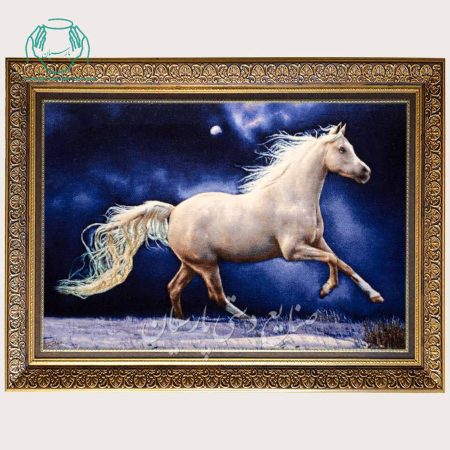 تابلو فرش زمینه آبی اسب سفید عرضی دستباف تبریز