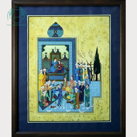 تابلو نقاشی روی مقوا طرح نقاشی بزم شاهنامه ای مکتب هرات با ورق طلا