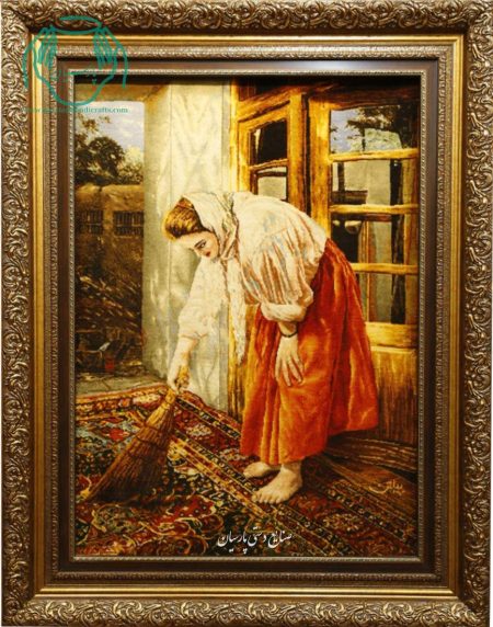 تابلو فرش دستبافت چله ابریشم دختر جاروکش