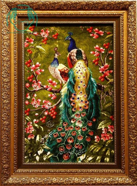 تابلو فرش دستبافت چله ابریشم دو طاووس