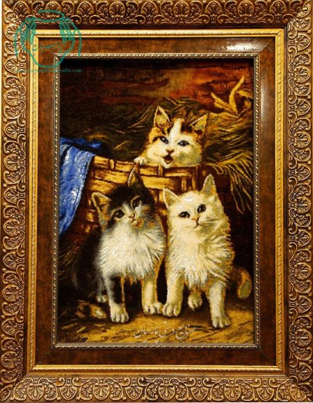 تابلو فرش دستبافت چله ابریشم سه گربه و سبد