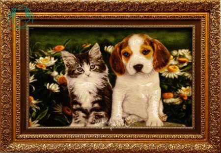 تابلو فرش دستبافت چله ابریشم سگ و گربه