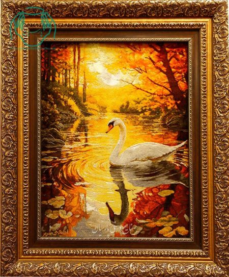 تابلو فرش دستبافت چله ابریشم قو