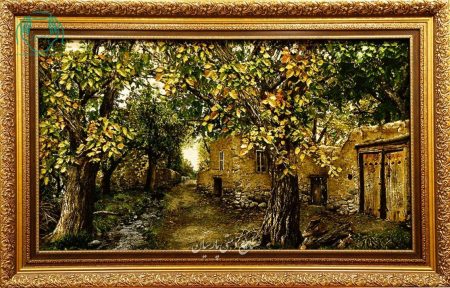 تابلو فرش دستبافت چله ابریشم منظره کوچه باغ