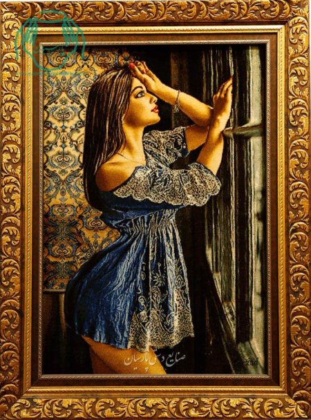 تابلو فرش دستبافت چله ابریشم دختر کنار پنجره