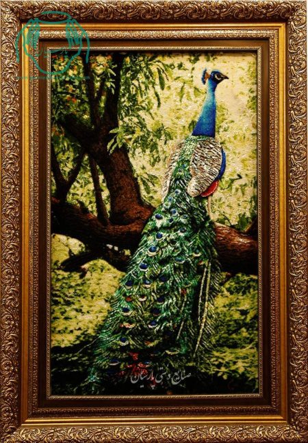 تابلو فرش دستبافت چله ابریشم طاووس تکی