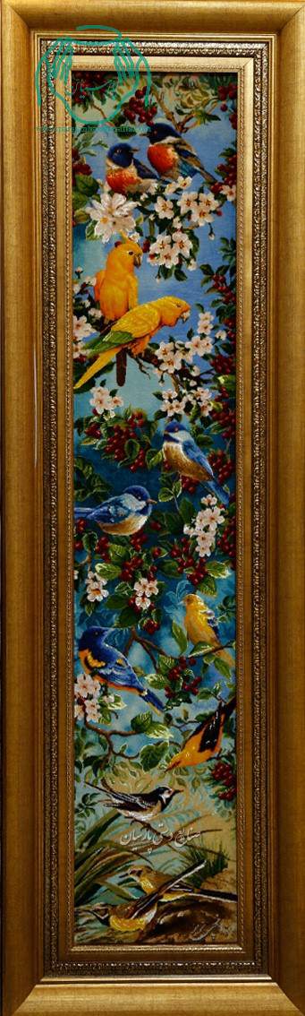 تابلو فرش دستبافت چله ابریشم طوطی زمینه فیروزه ایی