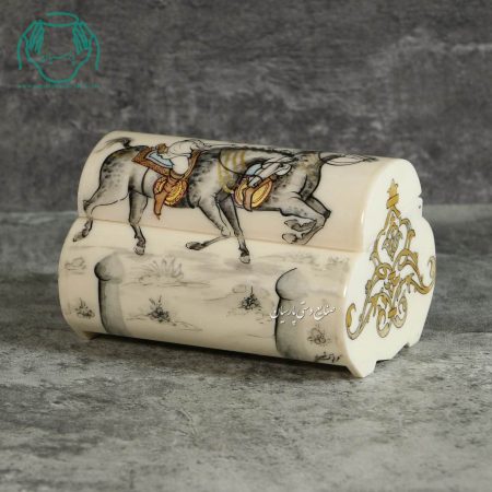 جعبه جواهرات استخوانی صندوقی بزرگ دو قسمتی نقاشی چوگان - Image 6