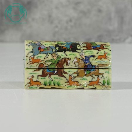 جعبه جواهرات صندوقی استخوانی نقاشی چوگان و ایلیات 