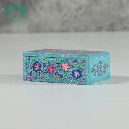 جعبه کبریتی جواهرات استخوانی نقاشی گل  زمینه فیروزه ای - Image 3