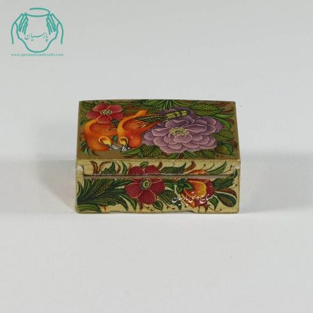 جعبه کبریتی جواهرات  استخوانی نقاشی گل و مرغ زمینه طلایی - Image 3