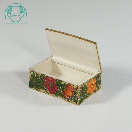 جعبه کبریتی جواهرات  استخوانی نقاشی گل و مرغ زمینه طلایی - Image 4
