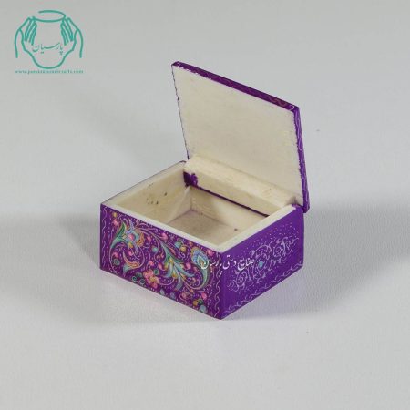 جعبه کبریتی جواهرات  استخوانی کوچک نقاشی گل و تذهیب زمینه بنفش - Image 4