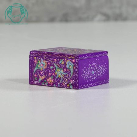 جعبه کبریتی جواهرات استخوانی کوچک نقاشی گل و تذهیب زمینه بنفش