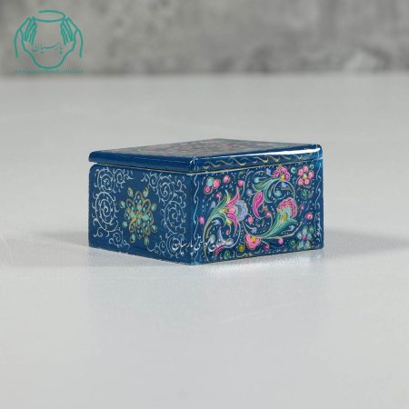 جعبه کبریتی جواهرات کوچک استخوانی نقاشی گل  زمینه آبی - Image 4