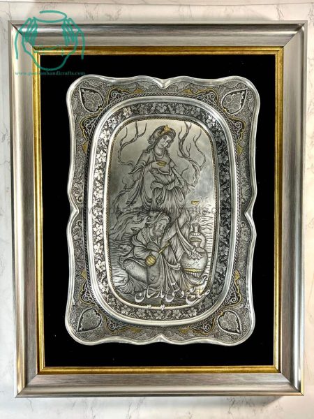 سینی قلمزنی مسی دیوارکوب طرح گل و مرغ و لیلی مجنون