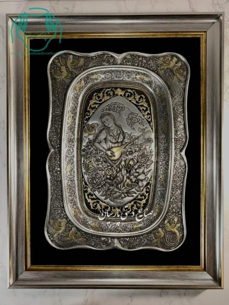 سینی قلمزنی مسی دیوارکوب طرح گل و مرغ و مینیاتور