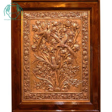 تابلو مسی قلم زنی طرح گل و مرغ برجسته