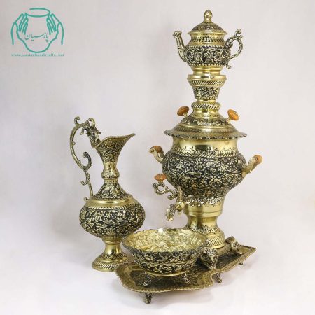 سرویس سماور برنجی قلمزنی گل برجسته 3 لیتری