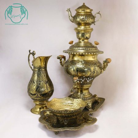 سرویس سماور برنجی قلم زنی اعلی طرح صورت 5 لیتری